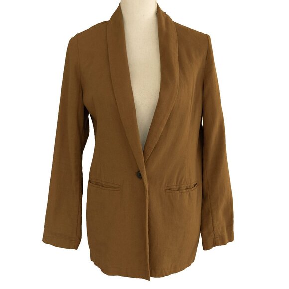Old Navy Linen Blazer Tan Minimal Classic Academia Mustard Long Jacket Coat - Picture 1 of 8